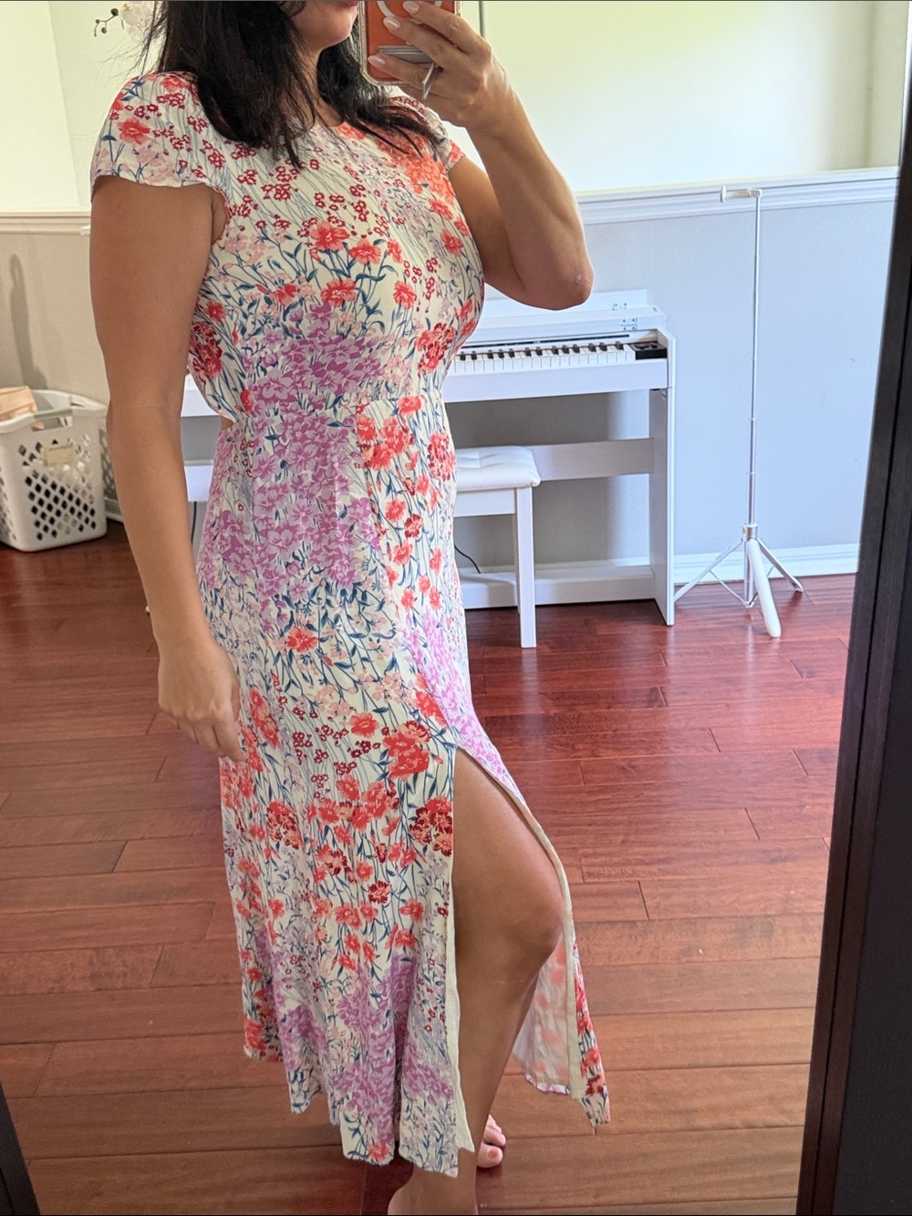 Reiss Floral Midi Dress in Pink and Coral